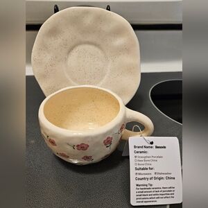 New! Cream and Pink Floral Ceramic Cup and Saucer Set